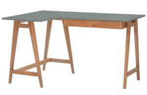 Šedý lakovaný rohový pracovní stůl RAGABA LUKA 135 x 85 cm s dubovou podnoží